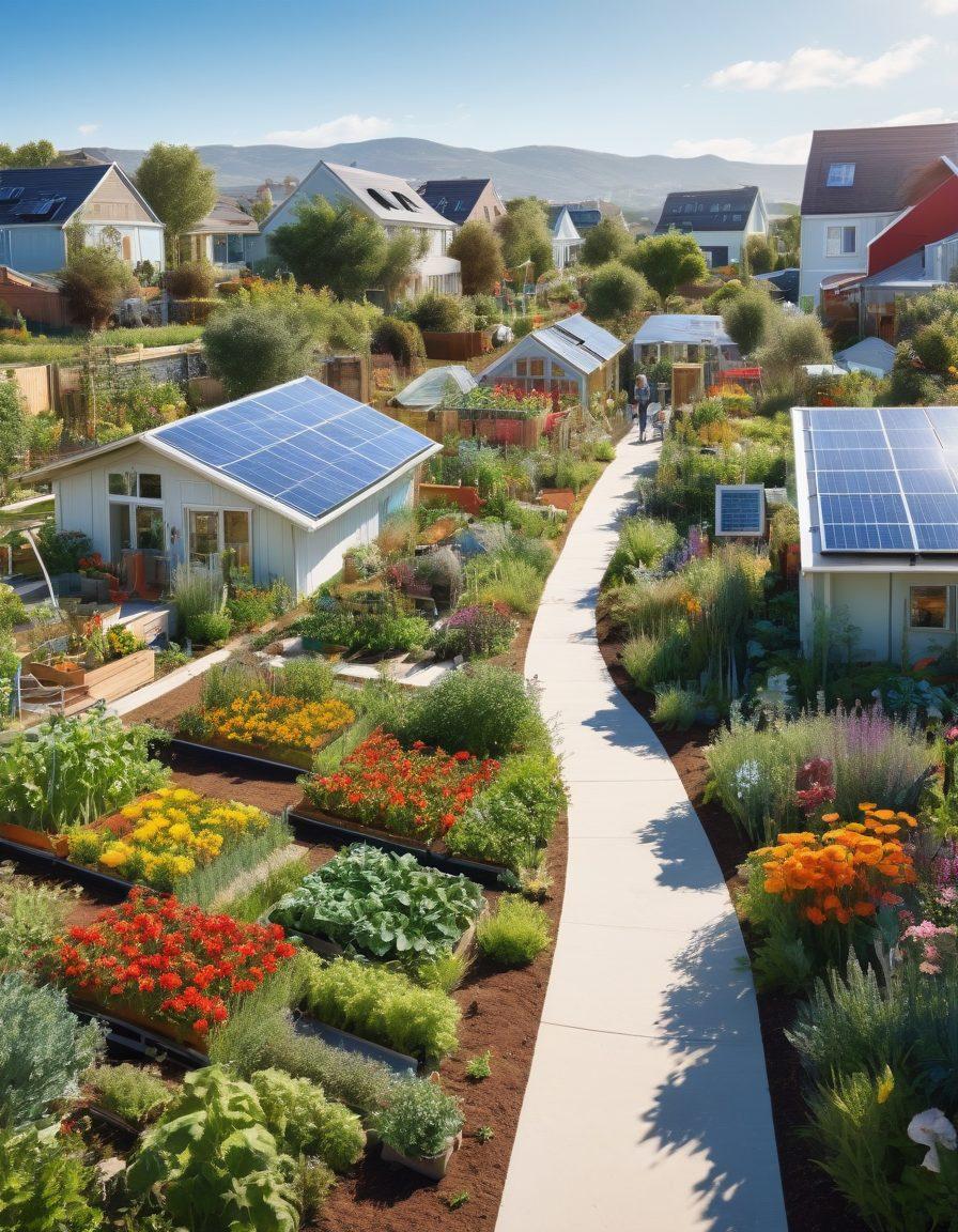 A harmonious landscape showcasing a vibrant community garden filled with diverse plants and vegetables, eco-friendly homes in the background adorned with solar panels, people of various ethnicities happily engaging in sustainable practices like composting and cycling, all set under a bright blue sky. super-realistic. vibrant colors. white background.