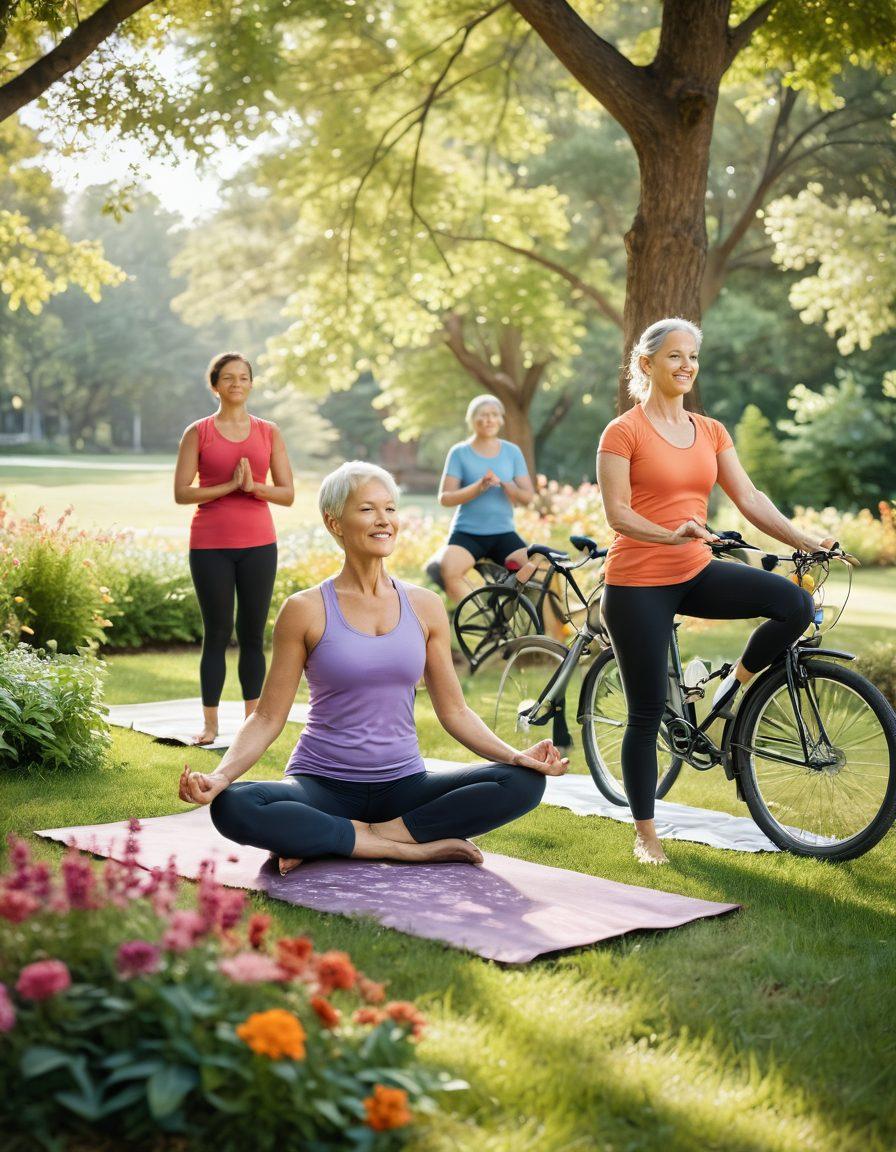 A serene outdoor scene showcasing a diverse group of cancer survivors engaged in various activities: a woman practicing yoga, a man preparing healthy food, and a couple enjoying a bike ride, all surrounded by colorful flowers and trees. The atmosphere is uplifting, radiating hope and resilience. The sun is shining brightly, symbolizing a new beginning and vitality. super-realistic. vibrant colors. peaceful background.